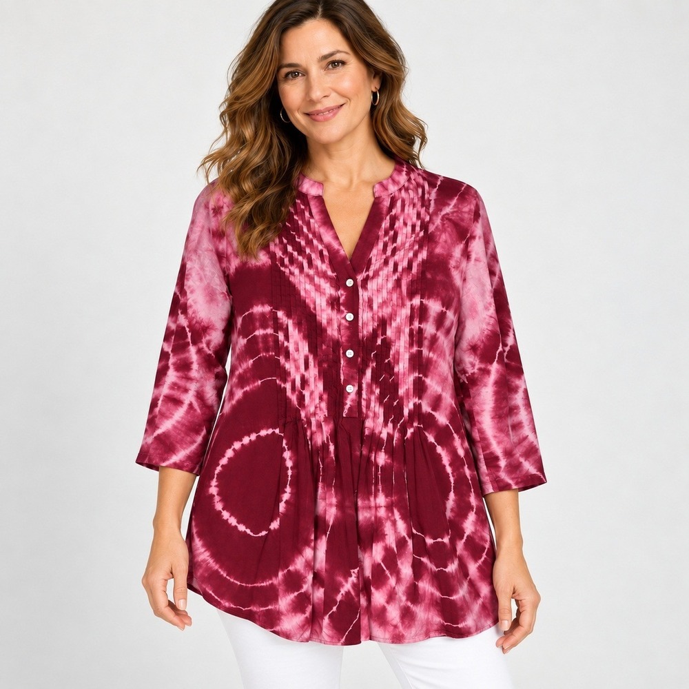 Chicos Women Top Pink Burgundy Cotton Tie Dye Pintuck 3/4 Sleeve Size 2 L 12/14